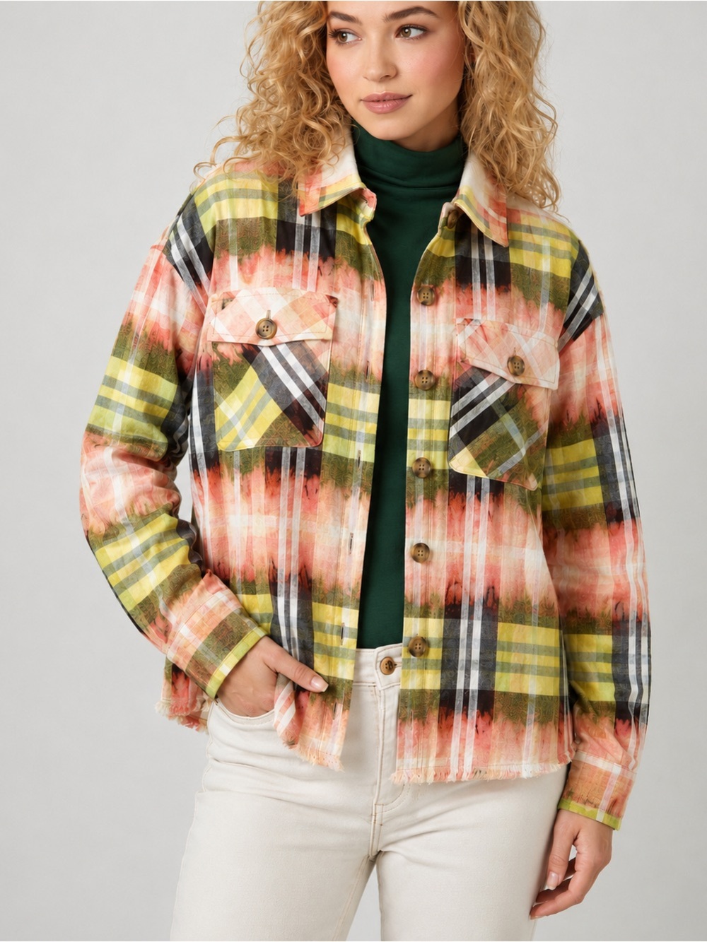 NWT Mystree Plaid Lightweight Flannel Raw Hem, Distressed Large